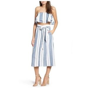 NWT WAYF Button Front Stripe Midi Skirt in White/Blue, Size L